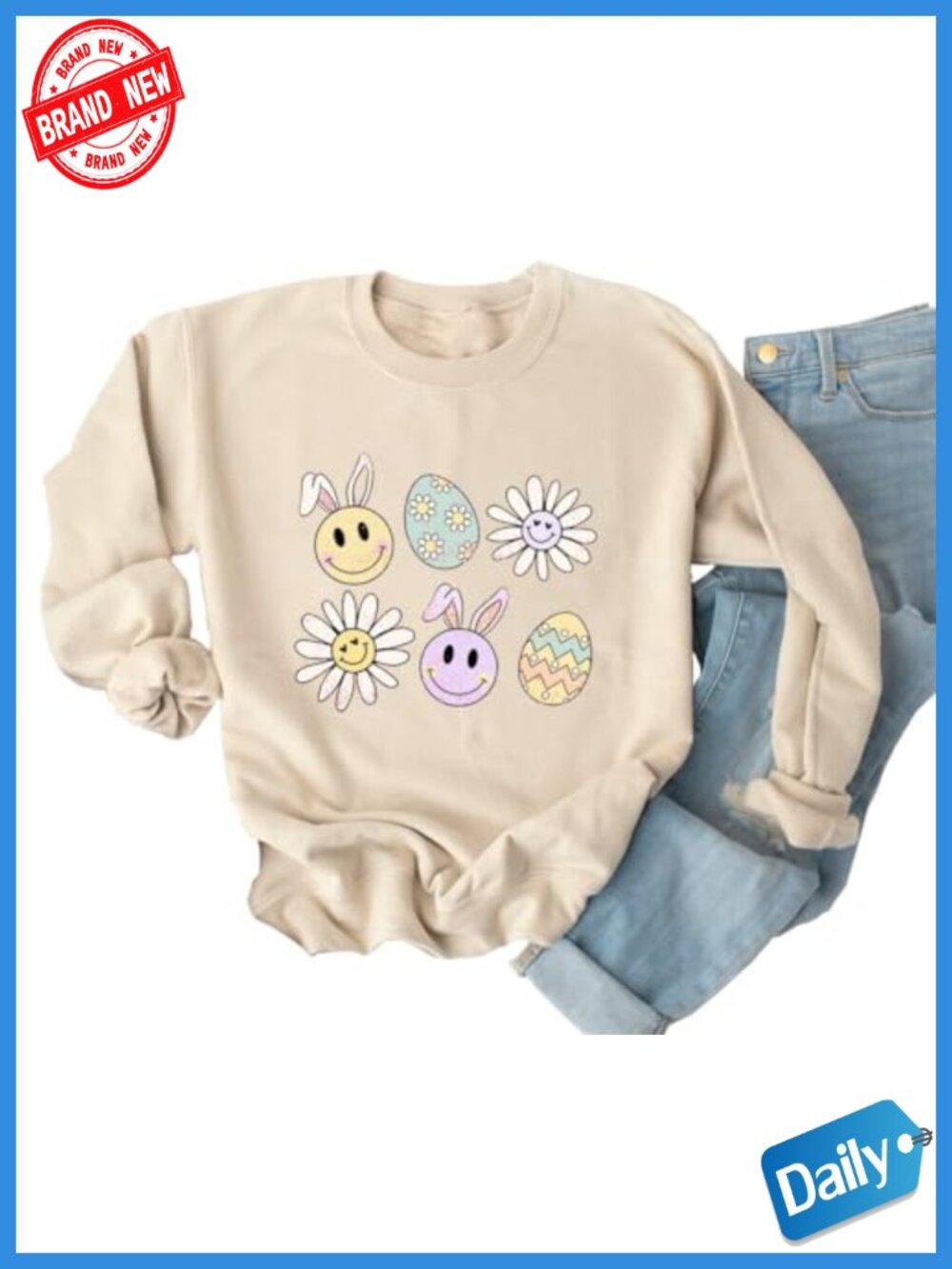 Women's Easter Teacher Sweatshirt Cute Bunny Long Sleeve Cotton Blend